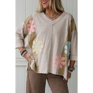 112 Green Flower Patched Exposed Seam Bracelet Sleeve Oversized T Shirt